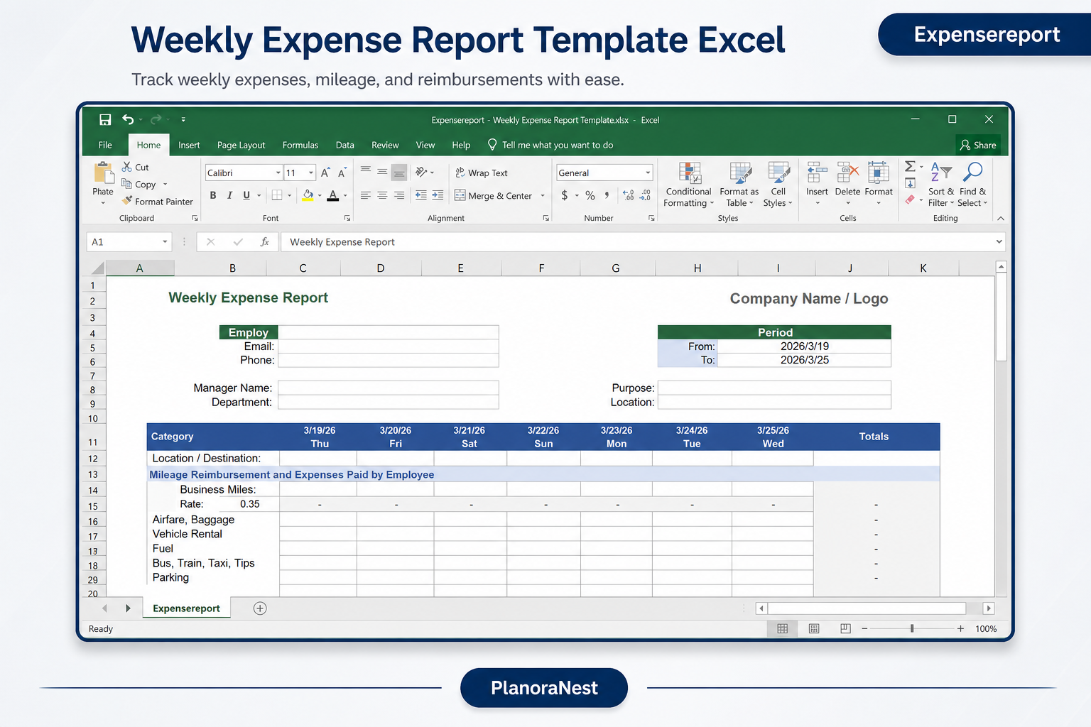 making a weekly expense report spreadsheet screenshot — PlanoraNest Excel template