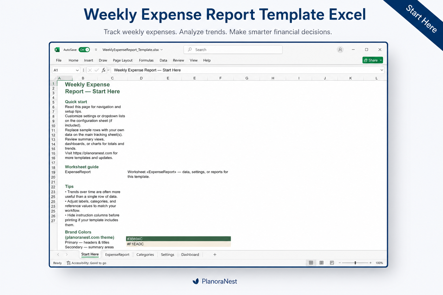 making a weekly expense report spreadsheet start here screenshot — PlanoraNest Excel template
