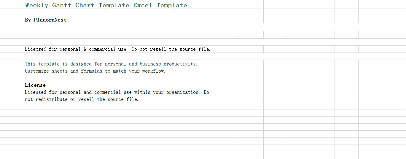weekly gantt chart template excel screenshot — PlanoraNest Excel template