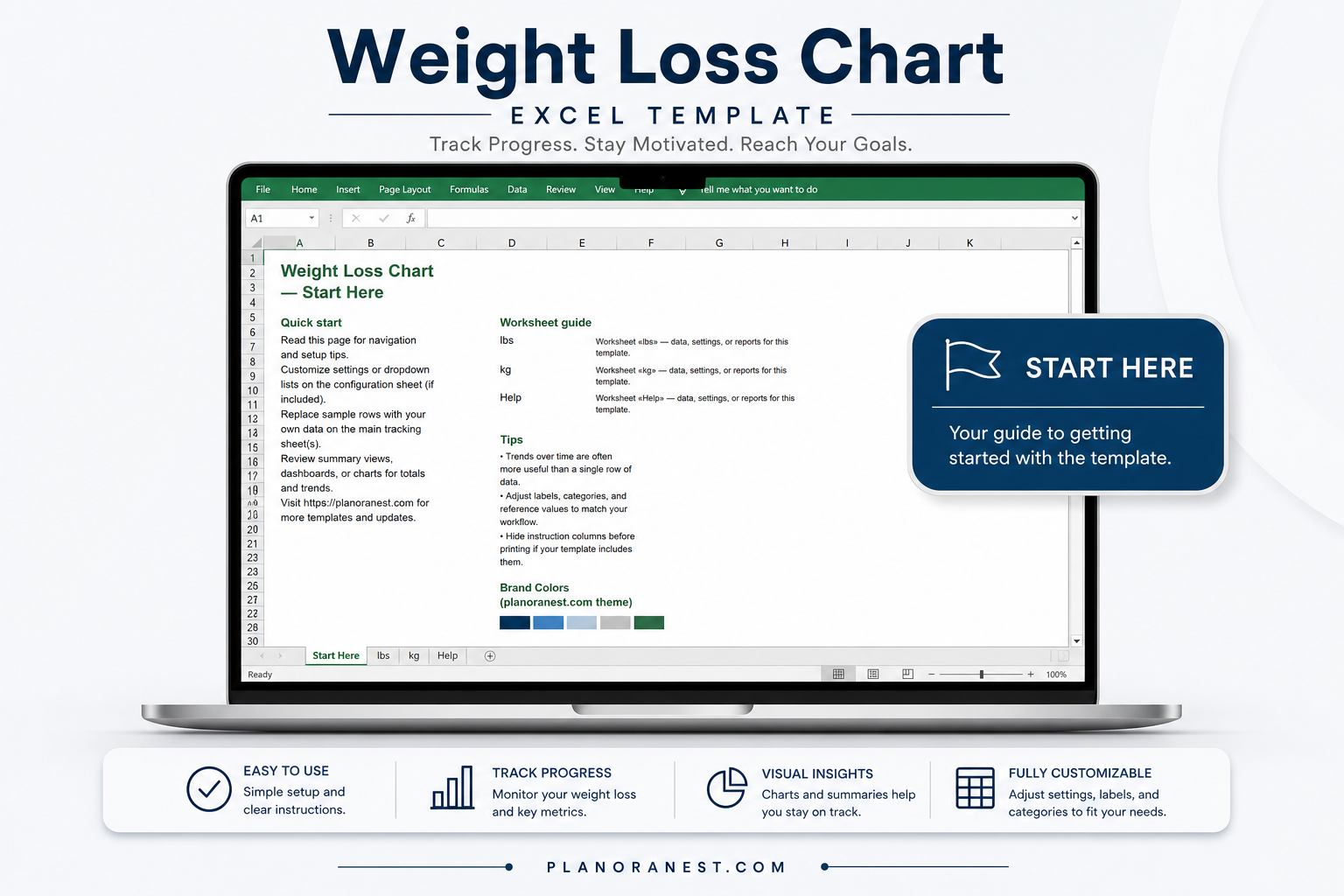 download excel weight loss and measurement chart start here screenshot -- PlanoraNest Excel template