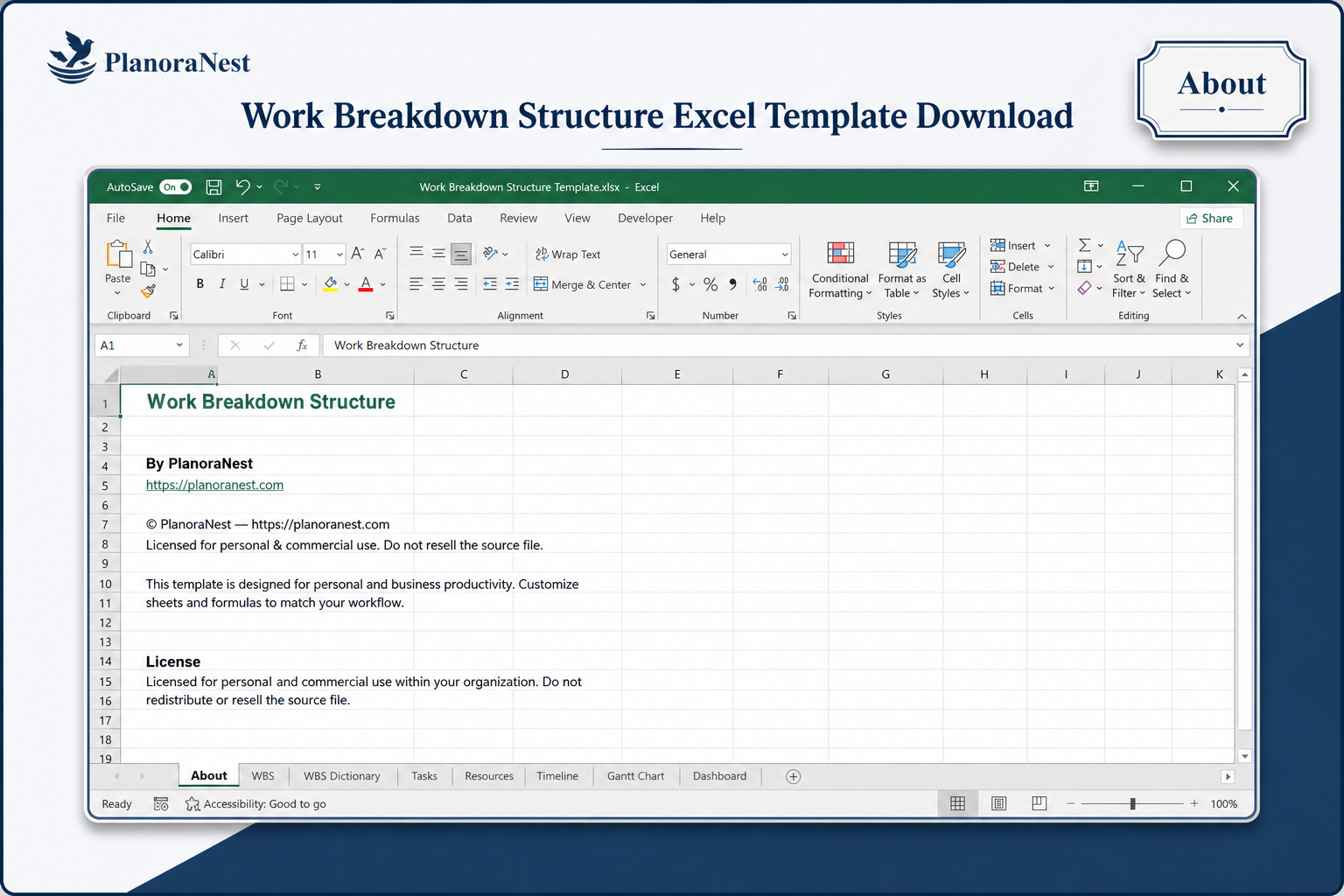 work breakdown structure excel screenshot — PlanoraNest Excel template