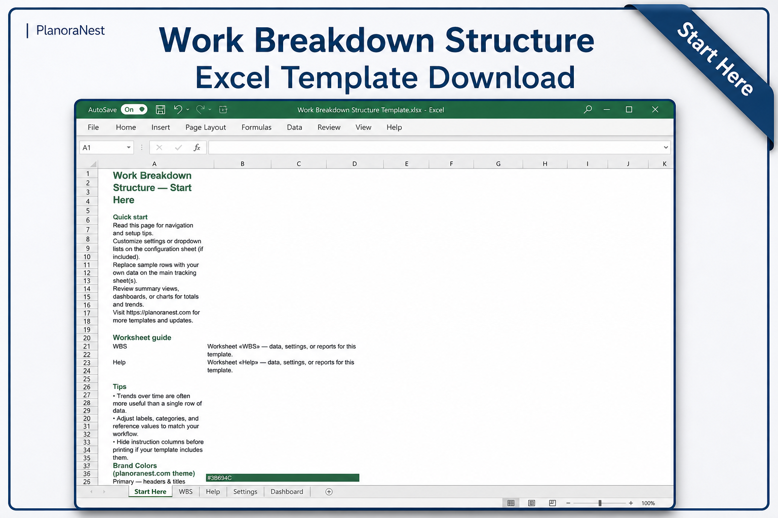 work breakdown structure excel start here screenshot — PlanoraNest Excel template