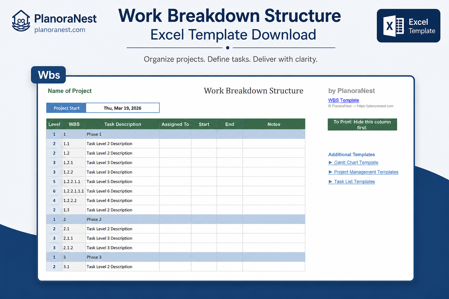 work breakdown structure excel screenshot — PlanoraNest Excel template