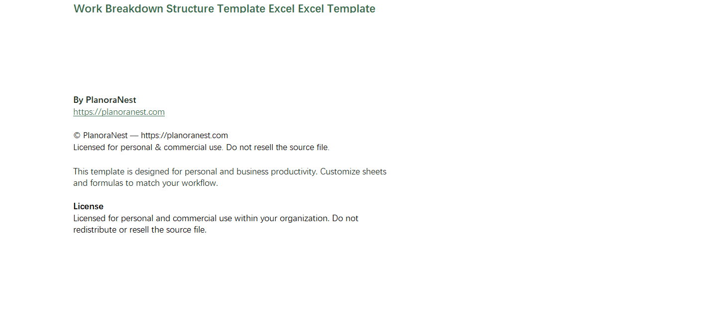 work breakdown structure template excel excel screenshot — PlanoraNest Excel template