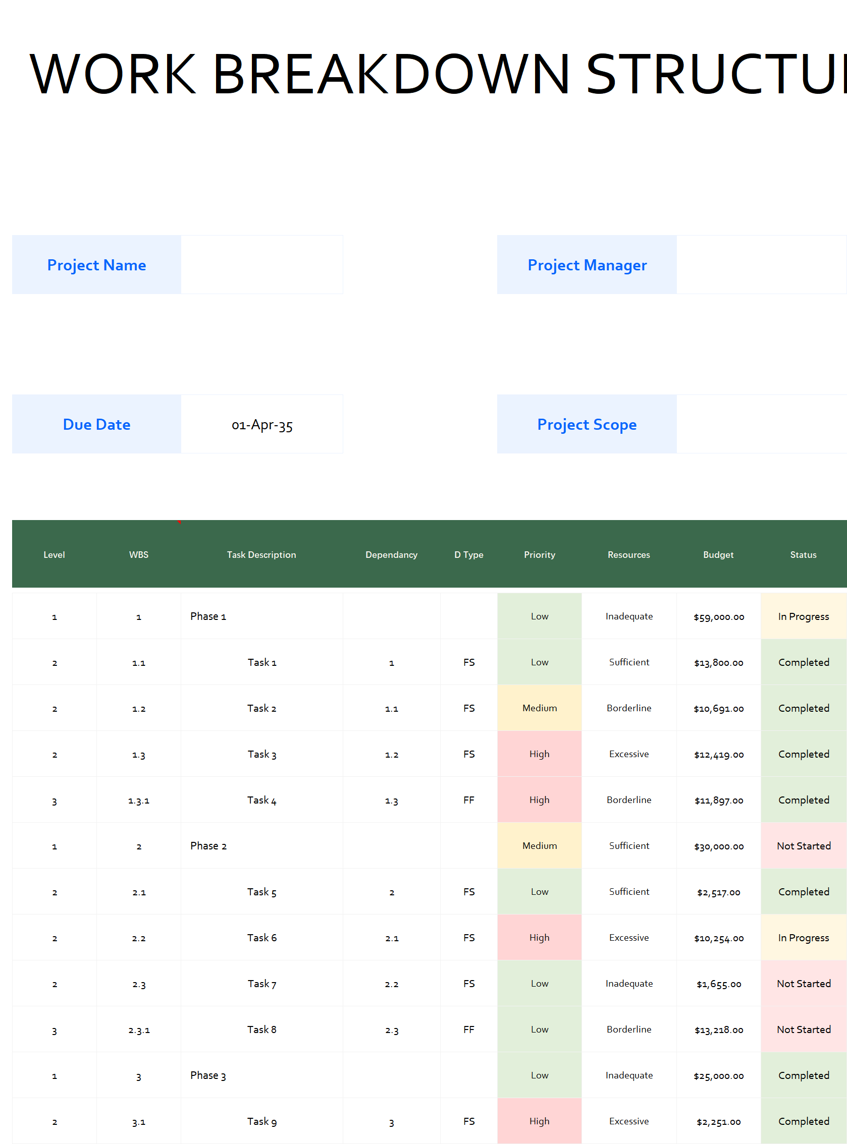 excel work breakdown structure template excel template screenshot — PlanoraNest Excel template
