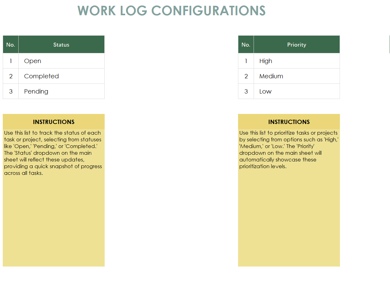 excel work log template template screenshot — PlanoraNest Excel template