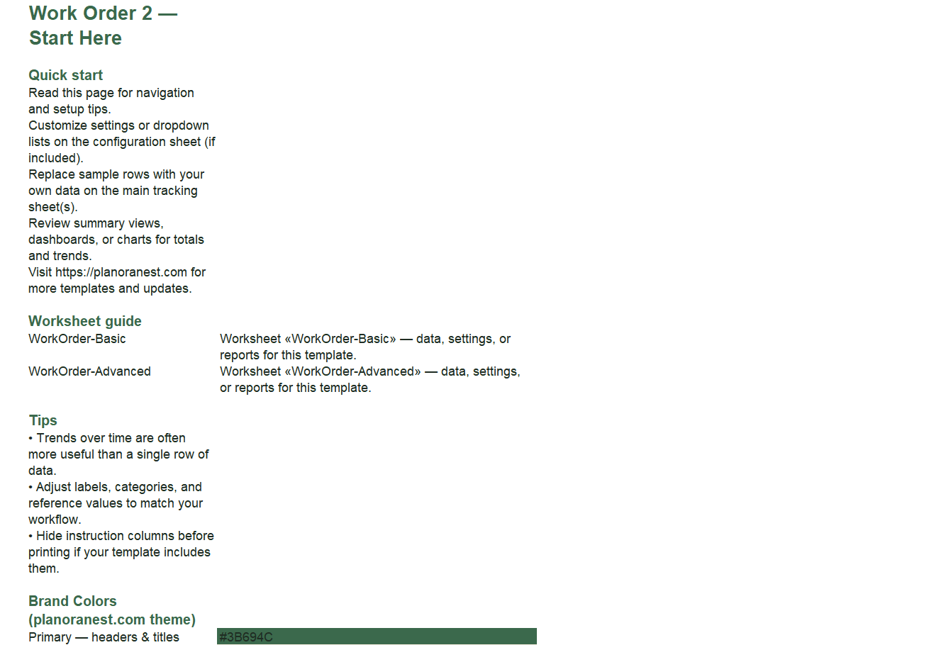 work order 2 excel template — Start Here sheet