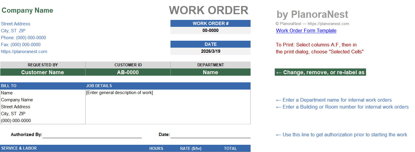 work order 2 excel template — WorkOrder-Advanced sheet