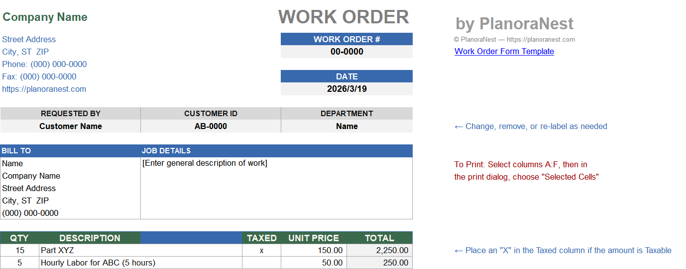 work order 2 excel template — WorkOrder-Basic sheet