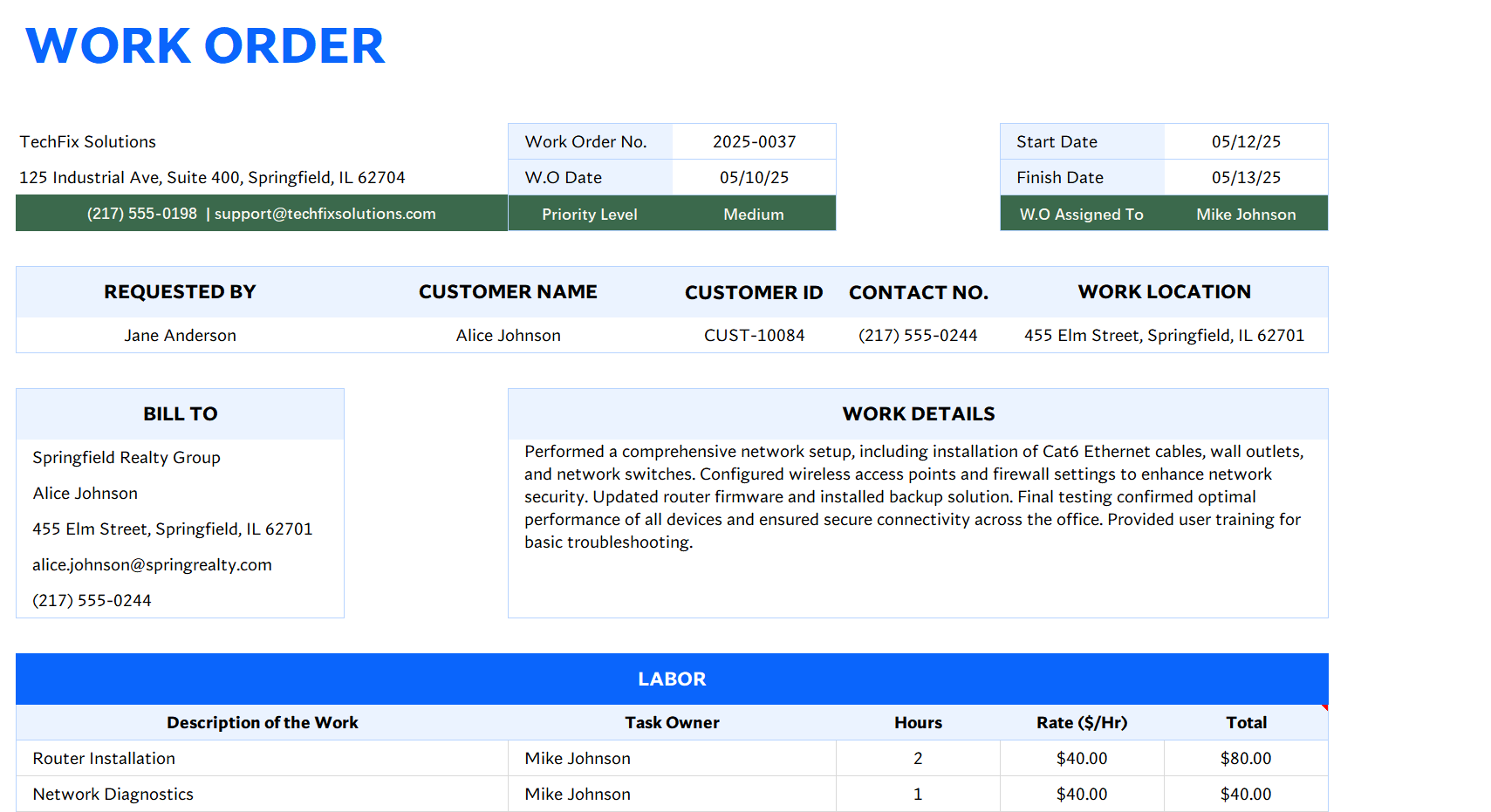 work order template excel screenshot — PlanoraNest Excel template