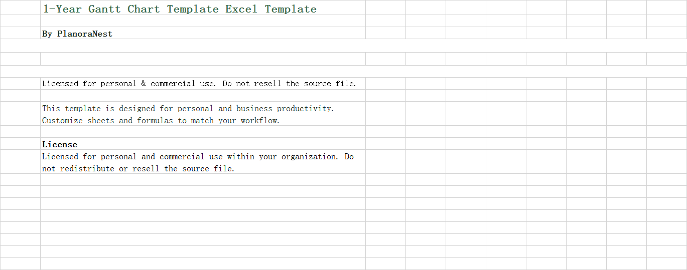 excel 1-year gantt chart template template screenshot — PlanoraNest Excel template