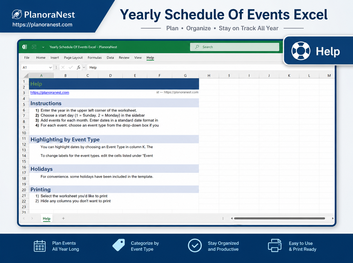 yearly schedule of events excel — Help sheet