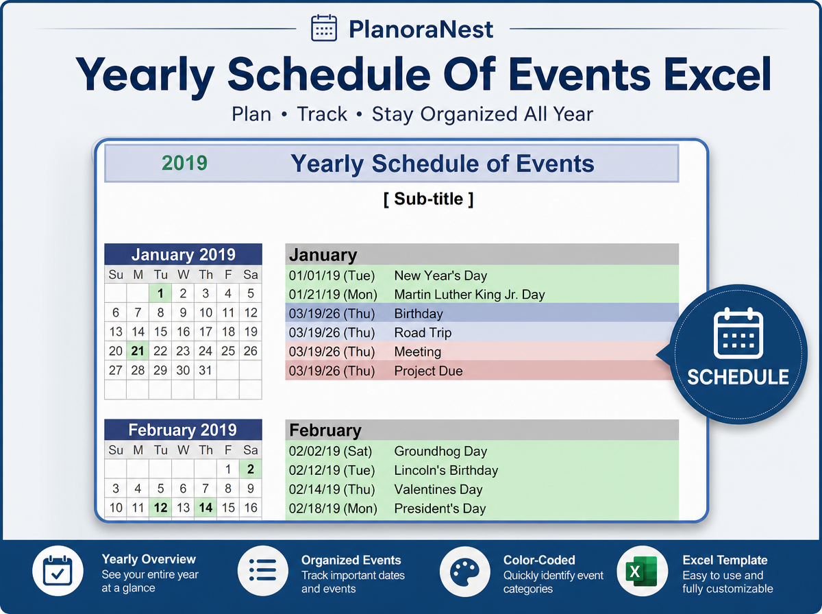 yearly schedule of events excel screenshot — PlanoraNest Excel template