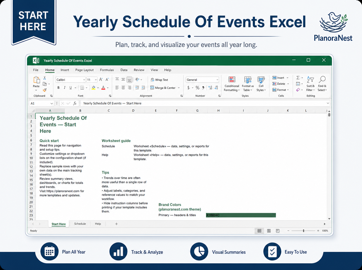 yearly schedule of events excel — Start Here sheet