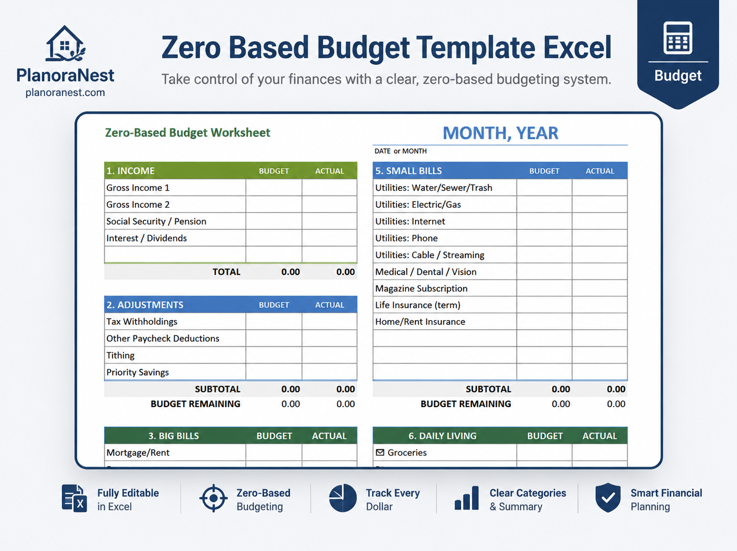 zero based budget excel template screenshot — PlanoraNest Excel template